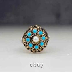 Vintage Wedding Antique Ring Lab Created Turquoise Pearl 14k Yellow Gold Plated