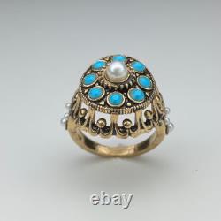 Vintage Wedding Antique Ring Lab Created Turquoise Pearl 14k Yellow Gold Plated