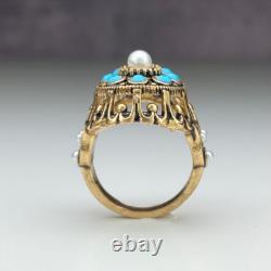 Vintage Wedding Antique Ring Lab Created Turquoise Pearl 14k Yellow Gold Plated