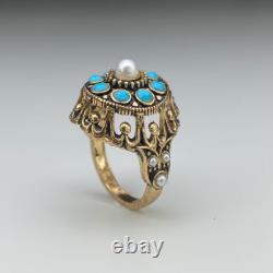 Vintage Wedding Antique Ring Lab Created Turquoise Pearl 14k Yellow Gold Plated