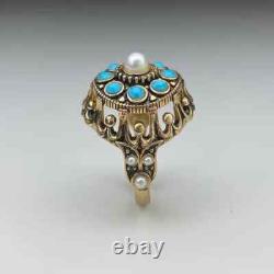 Vintage Wedding Antique Ring Lab Created Turquoise Pearl 14k Yellow Gold Plated