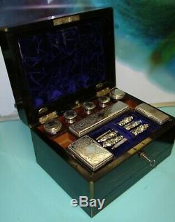 Vintage coromandel travelling sterling & plated silver jewelry vanity box case