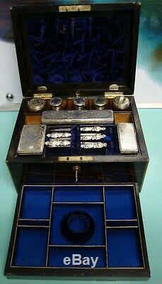 Vintage coromandel travelling sterling & plated silver jewelry vanity box case