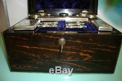 Vintage coromandel travelling sterling & plated silver jewelry vanity box case