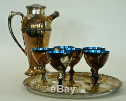 Vintage silver plate & blue enamel Cocktail Martini Shaker 6 glass & tray set