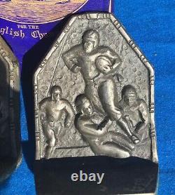 Vintage silver-plated football bookends, leather helmets, circa 1920s