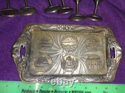 Vtg 1940's Silver Plated Tray & 6 cups Set Asian symbols Made Occupied Japan