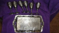 Vtg 1940's Silver Plated Tray & 6 cups Set Asian symbols Made Occupied Japan
