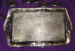 Vtg 1940's Silver Plated Tray & 6 cups Set Asian symbols Made Occupied Japan