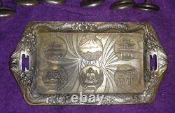 Vtg 1940's Silver Plated Tray & 6 cups Set Asian symbols Made Occupied Japan