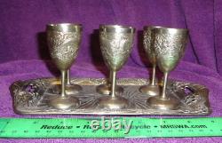 Vtg 1940's Silver Plated Tray & 6 cups Set Asian symbols Made Occupied Japan