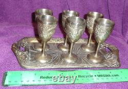 Vtg 1940's Silver Plated Tray & 6 cups Set Asian symbols Made Occupied Japan