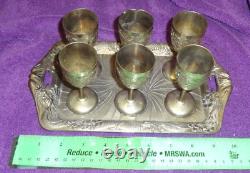 Vtg 1940's Silver Plated Tray & 6 cups Set Asian symbols Made Occupied Japan