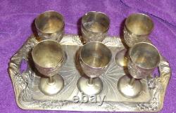 Vtg 1940's Silver Plated Tray & 6 cups Set Asian symbols Made Occupied Japan