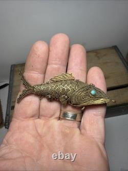 Vtg Chinese Silver Export Articulated Filigree Koi Fish Opening Gold Pendant