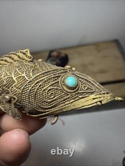 Vtg Chinese Silver Export Articulated Filigree Koi Fish Opening Gold Pendant
