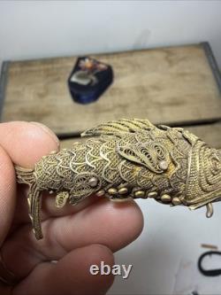 Vtg Chinese Silver Export Articulated Filigree Koi Fish Opening Gold Pendant