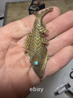 Vtg Chinese Silver Export Articulated Filigree Koi Fish Opening Gold Pendant