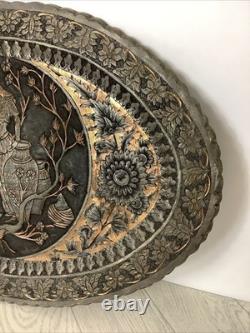 Vtg Persian Pewter Copper Ethnic Floral Design Tray Plate Wall Hanging Art@hc#AB
