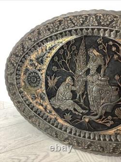 Vtg Persian Pewter Copper Ethnic Floral Design Tray Plate Wall Hanging Art@hc#AB