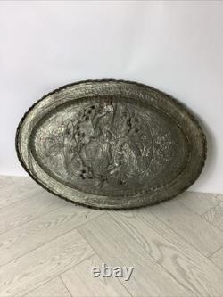 Vtg Persian Pewter Copper Ethnic Floral Design Tray Plate Wall Hanging Art@hc#AB