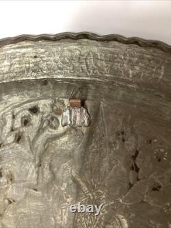 Vtg Persian Pewter Copper Ethnic Floral Design Tray Plate Wall Hanging Art@hc#AB