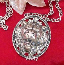 Vtg Runway Napier Silver Lion Pendant Necklace Book Piece Fujio Repousse
