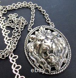 Vtg Runway Napier Silver Lion Pendant Necklace Book Piece Fujio Repousse