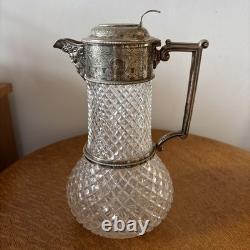 WH & SBP Crystal Glass Claret Jug Decanter cut glass body silver-plated Antique