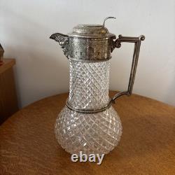 WH & SBP Crystal Glass Claret Jug Decanter cut glass body silver-plated Antique