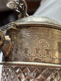 WH & SBP Crystal Glass Claret Jug Decanter cut glass body silver-plated Antique