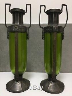 WMF Art Nouveau Green Glass Vases EP OX Silver Plated Jugendstil Original Finish