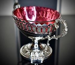 WMF Art Nouveau, Silver Plated Best Nickel, Bonbon, Original Cranberry Glass Signed