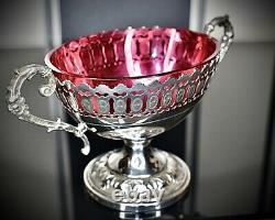 WMF Art Nouveau, Silver Plated Best Nickel, Bonbon, Original Cranberry Glass Signed