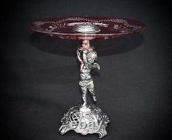 WMF Art Nouveau Silver Plated Cherub holding Hand Engraved Cranberry Glass Tazza