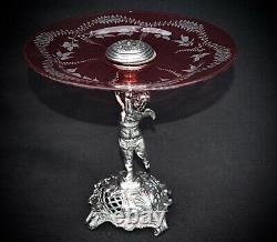 WMF Art Nouveau Silver Plated Cherub holding Hand Engraved Cranberry Glass Tazza