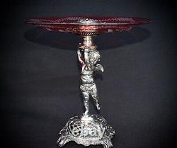 WMF Art Nouveau Silver Plated Cherub holding Hand Engraved Cranberry Glass Tazza