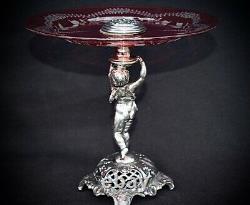 WMF Art Nouveau Silver Plated Cherub holding Hand Engraved Cranberry Glass Tazza