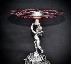 WMF Art Nouveau Silver Plated Cherub holding Hand Engraved Cranberry Glass Tazza