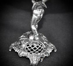 WMF Art Nouveau Silver Plated Cherub holding Hand Engraved Cranberry Glass Tazza