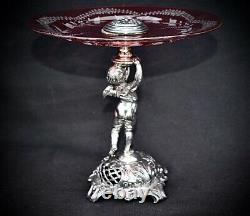 WMF Art Nouveau Silver Plated Cherub holding Hand Engraved Cranberry Glass Tazza