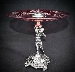 WMF Art Nouveau Silver Plated Cherub holding Hand Engraved Cranberry Glass Tazza