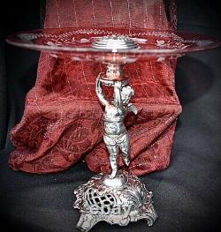 WMF Art Nouveau Silver Plated Cherub holding Hand Engraved Cranberry Glass Tazza