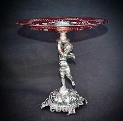 WMF Art Nouveau Silver Plated Cherub holding Hand Engraved Cranberry Glass Tazza