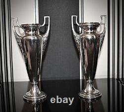 WMF Art Nouveau Silver Plated Pair Of Amphora Vases, Laurel Leaf, Signed c1903