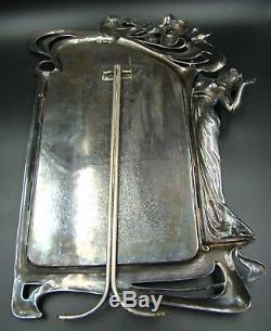 WMF German Art Nouveau Jugendstil Silver Plated Lady Maiden Beveled Table Mirror