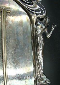 WMF German Art Nouveau Jugendstil Silver Plated Lady Maiden Beveled Table Mirror