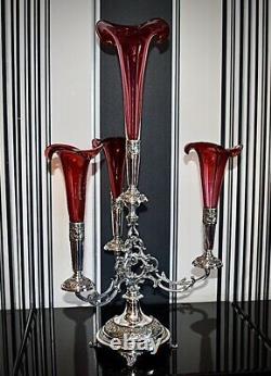 WMF Magnificent Silver Plated Cranberry Crystal Glass Epergne Centrepiece c1886