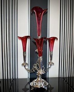 WMF Magnificent Silver Plated Cranberry Crystal Glass Epergne Centrepiece c1886