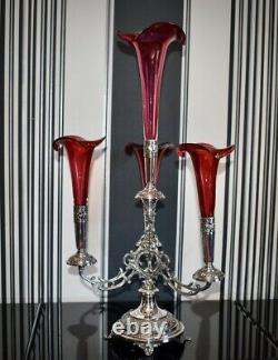 WMF Magnificent Silver Plated Cranberry Crystal Glass Epergne Centrepiece c1886